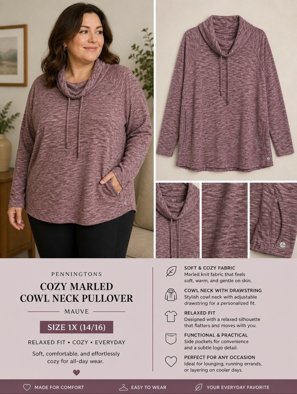 Women's Cozy Penningtons Marled Cowl Neck Pullover - Mauve Size 1X